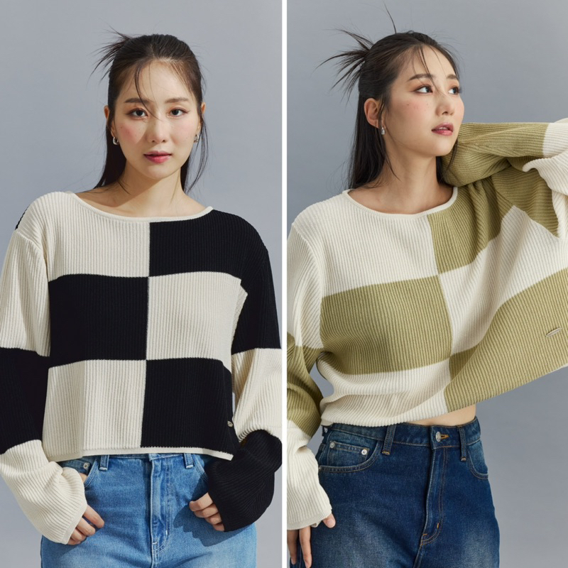 Pepper Checkered Knitted Top เสื้อแขนยาวไหมพรม ทอลายตารางใหญ่ เย็บป้ายแบรนด์ เนื้อนุ่มเด้ง ไม่หนา ใส่แล้วไม่ร้อน