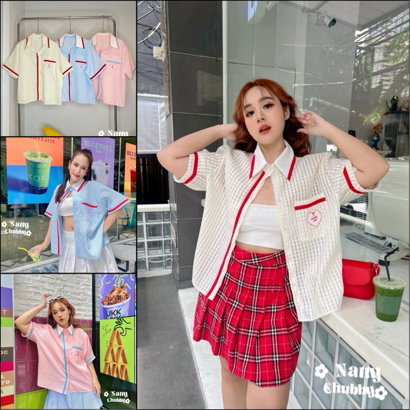 PLUS-SIZE เสื้อเชิ้ต ปักกระเป๋าหัวใจ แต่งแถบริบบิ้นตัดสี (size38-50)สุดคิ้ว ผ้ามีเทคเจอร์ในตัว น่ารักมากๆ
