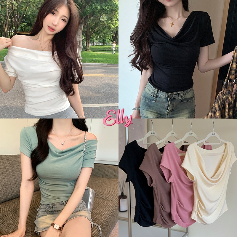 Elly พร้อมส่ง เสื้อครอป เสื้อยืดสตรีเปิดไหล่เดี่ยว แขนสั้น เซ็กซี่ ผู้หญิง เสื้อยืด เสื้อเชิ้ต สะดือเซ็กซี่สาวฮอต เสื้อ