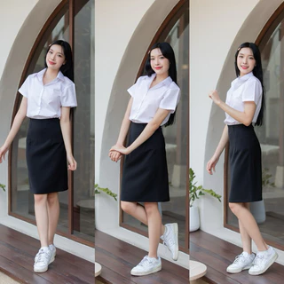 กระโปรงนักศึกษาทรงเอ ทรงเอไม่ผ่า มียาว16-18-20-22-24 สีดำผ้ายืดฮานาโกะ กระโปรงทรงเอ
