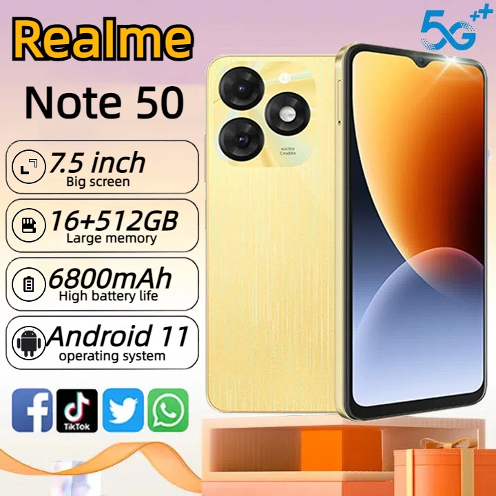 สมาร์ทโฟน Rea1me Note 50 7.5 นิ้ว 16+512GB Android 5G โทรศัพท์มือถือราคาถูกเหมาะสำหรับหลักสูตรออนไลน์ COD