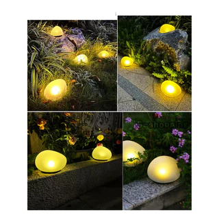 1PCS หินกลม 14.5CM ไฟเหลือง โคมไฟโซล่าเซลล์ Solar Light 4LED โคมไฟตกแต่งสนามหญ้า