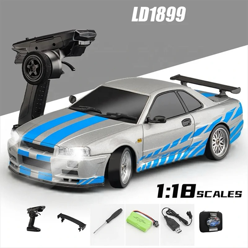 รถบังคับวิทยุLDRC LD1899 RTR (บอดี้เหล็กGTR-R34 สีบอล) 1:18 2WD 2.4GHz 15km/h มีไจโร มีไฟ แบตเตอรี่ช