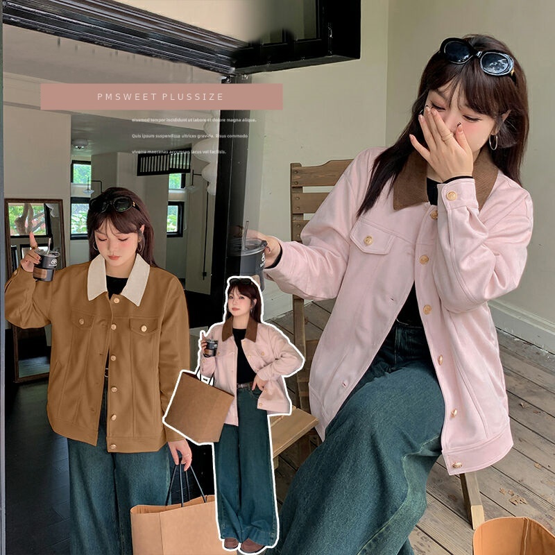 [ อกถึง 57" ] : PMP2313 : พรีออเดอร์ เสื้อผ้าไซส์ใหญ่ คนอ้วน สาวอวบ เสื้อแจ็คเก็ตผ้าหนังกลับเนื้อนิ่มทรงหลวม กันลมได้ดี