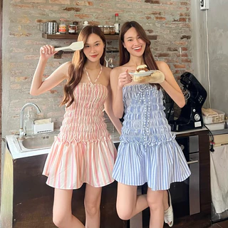𝗕𝗲𝗹𝗹𝗮 𝗱𝗿𝗲𝘀𝘀🥨🥯💕 เดรสเกาะอกสั้นแต่งย่นรอบตัวแต่งระบายรุ่นนี้น่ารักโซคิ้วสุดๆ (โรงงานผ้าที่ไทยร้านผลิตเอง)