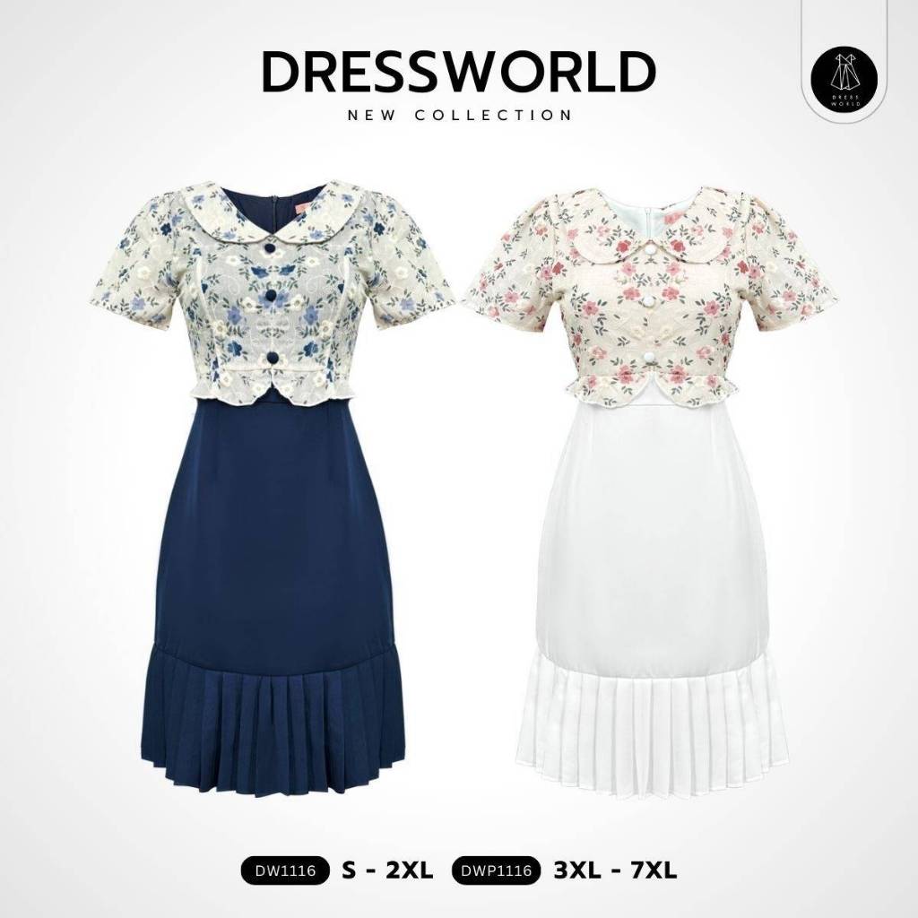 {S-7XL} 1116 งานป้าย Dress World เดรสสั้น แตงกั๊กลายดอก ชายพลีส น่ารักมากๆ เลยจ้า