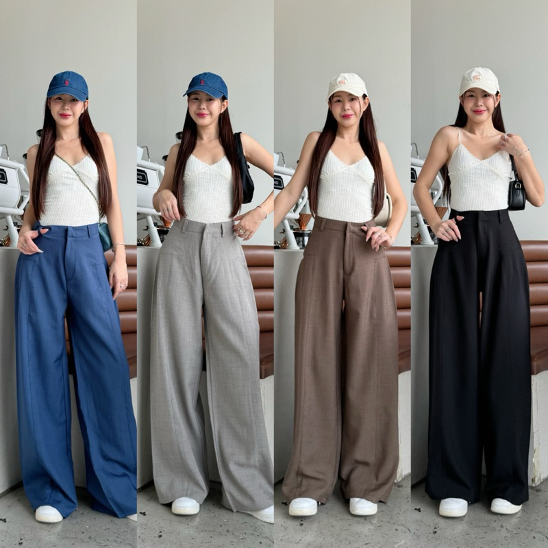 พร้อมส่ง ขากระบอกใหญ่ดีเทลจีบสะโพก ซิบหน้า ผ้าโซดา✨🫶🏻🎖️