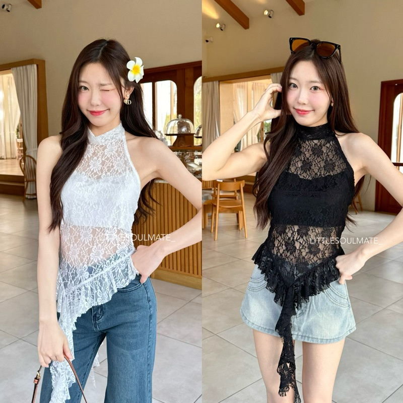 littlesoulmate เสื้อลูกไม้คล้องคอแบบยาวพริ้ว มีซับในตรงอก(boost lace)