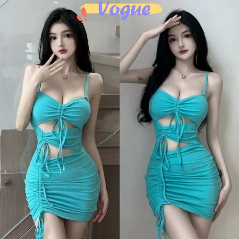 Vogue พร้อมส่ง ชุดมินิเดรส สายเดี่ยว ทรงรัดรูป ไม่มีฟองน้ำ สีเขียว (FY2052)