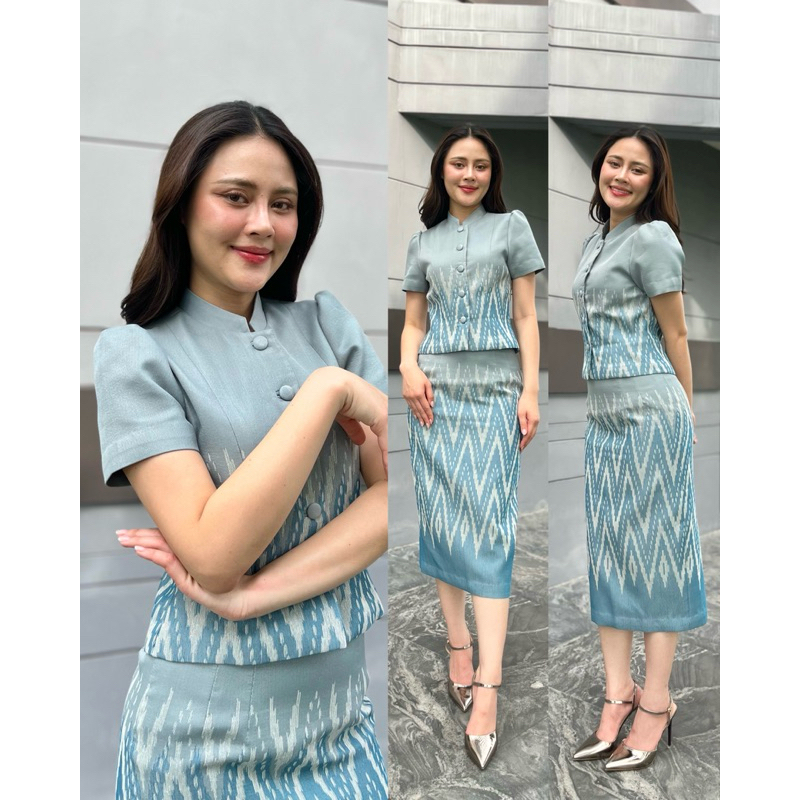 ชุดเซ็ตจิตรลดาเนื้อฝ้ายทอ_ลายฟันปลาน่ารักเลย พรีออเดอร์ 10-15 วันจ้า