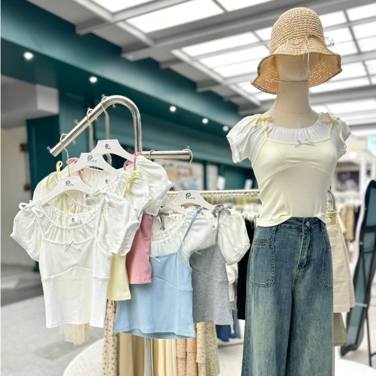 Pradap_brand:เสื้อแขนสั้นปาดไหล่แต่งสายเดี่ยว