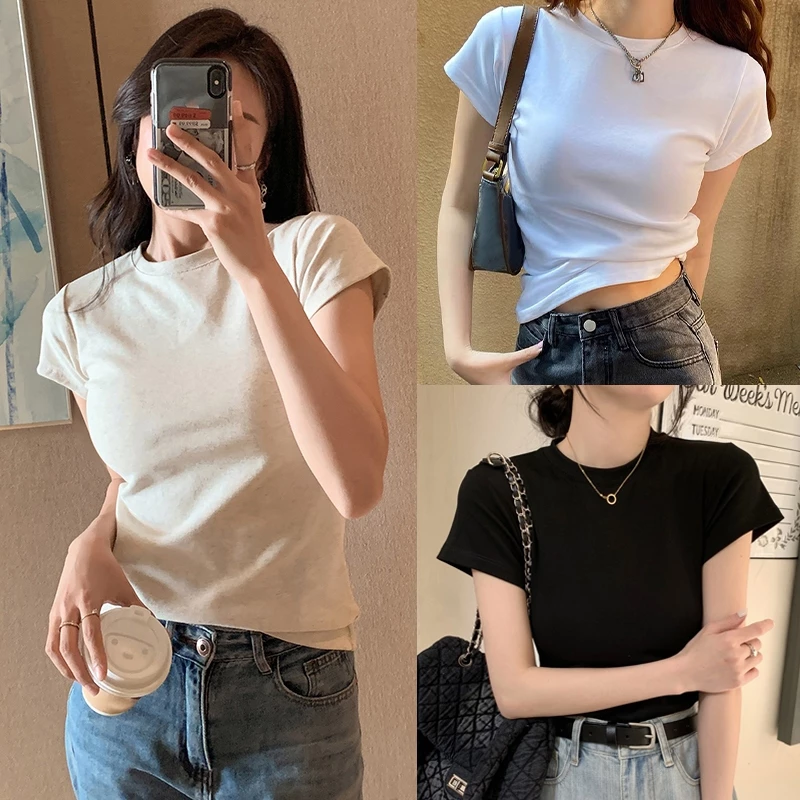 3สี เสื้อครอป เสื้อผ้าแฟชั่นผู้หญิง ทรงเบสิคแมตช์ง่ายชิลๆ สีพื้น คอกลม #J227