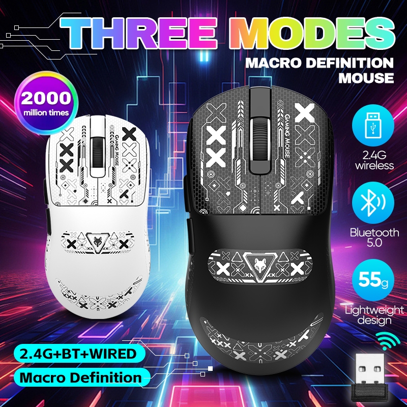 XUNFOX H8 เมาส์เกมเบาพิเศษ Wired+2.4g+BT เชื่อมต่อ เมาส์ของเกม 55g น้ำหนัก PAW3311ชิป for Android/IOS/Mac/WIN/Laptop