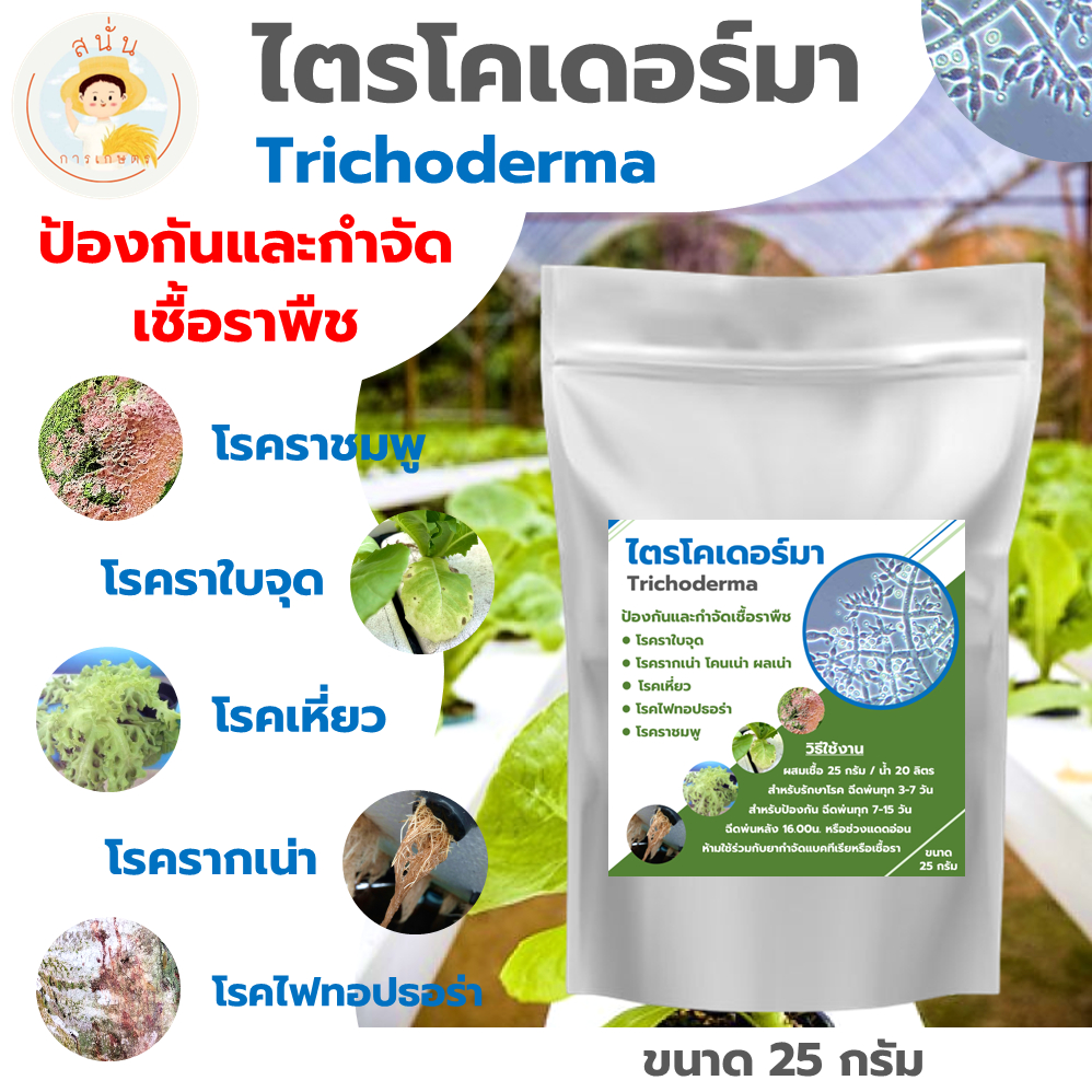 Trichoderma ไตรโคเดอร์มา แบบผง ป้องกันและกำจัดเชื้อราพืชสวน โรครา ใบจุด รากเน่า เหี่ยว ขนาด 25 กรัม