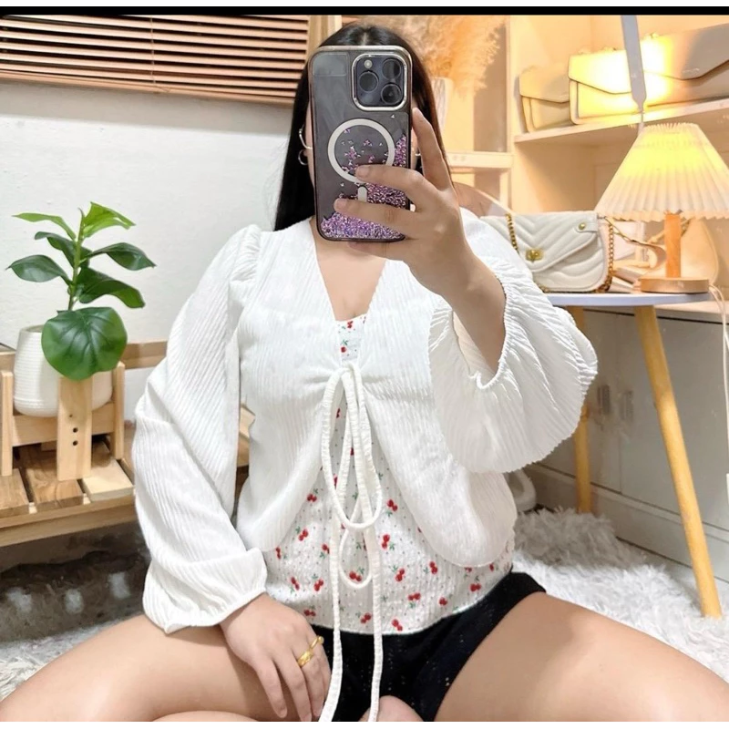 049 เสื้อสาวอวบ แต่งทูโทน ลายเชอรี่ อก 34-44