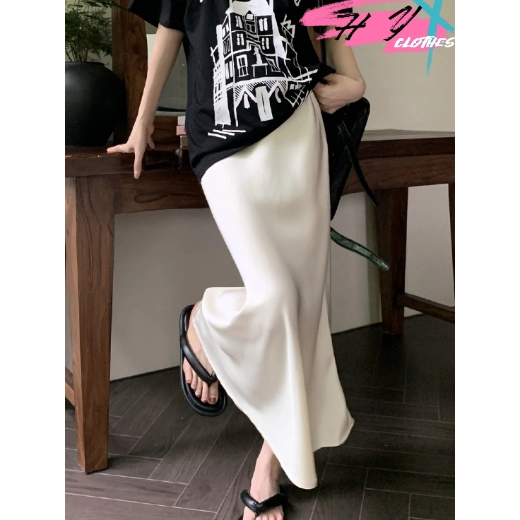 พร้อมส่ง สไตล์เกาหลี กระโปรงทรงซาติน สีพื้น กระโปรงสไตล์เกาหลีใหม่ แฟชั่นเรียบง่าย กระโปรงยาว 2024 ใหม่