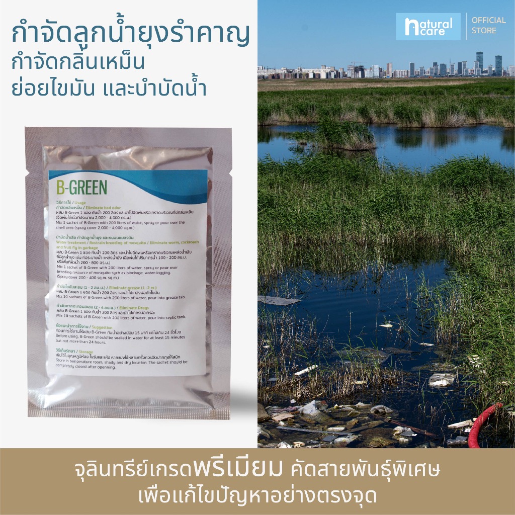 Bgreen จุลินทรีย์คัดสายพันธุ์สำหรับแก้ปัญหาน้ำเสีย ไขมัน และยุง (แบบซอง)