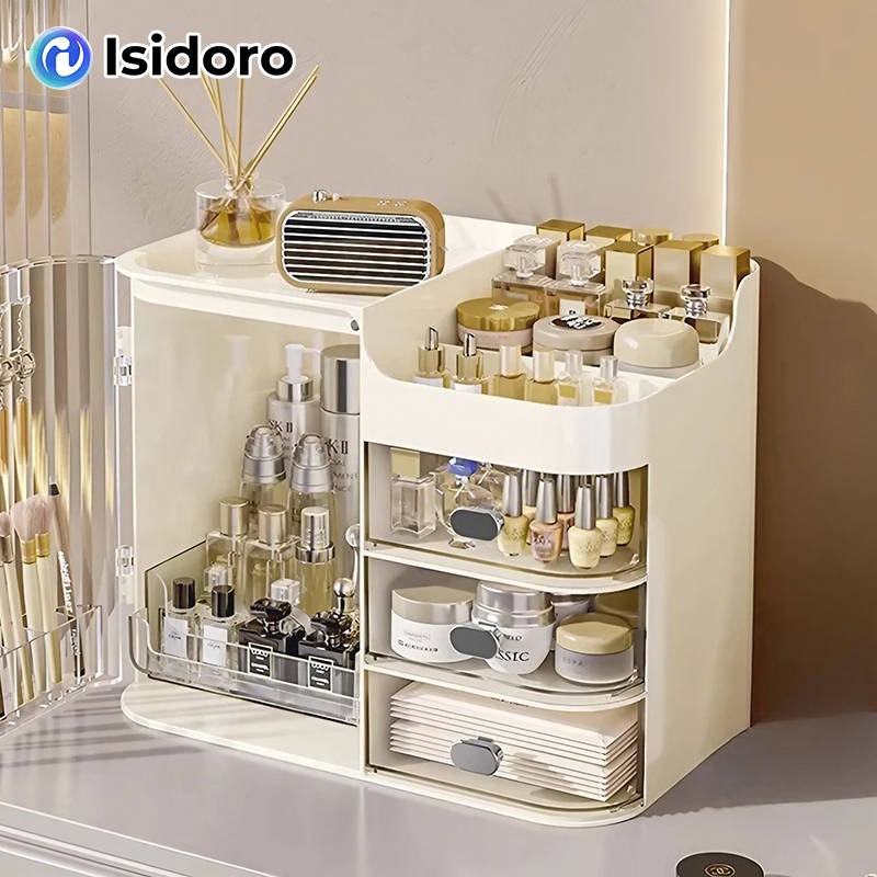 Isidoro กล่องเก็บเครื่องสำอาง กันฝุ่น กันความชื้น มีกระจก กล่องเก็บของใช้ในครัวเรือน กล่องจัดระเบียบเครื่องสำอาง