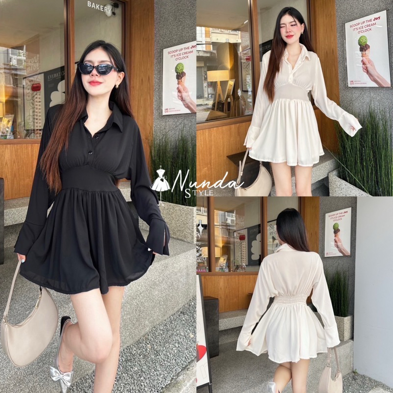 Nunda Style ชุดเดรส เนื้อผ้าซีฟอง เนื้อหนา ซับใน กระโปรง กระดุมหน้า