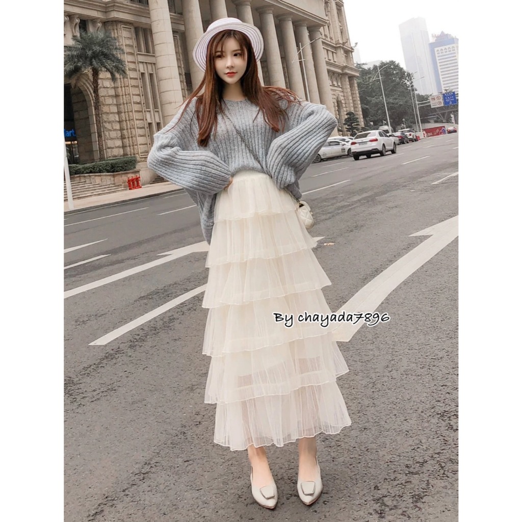 กระโปรงยาวผ้ามุ้งอัดพลีท แต่งระบาย 6ชั้น #902 - รูปที่ 2