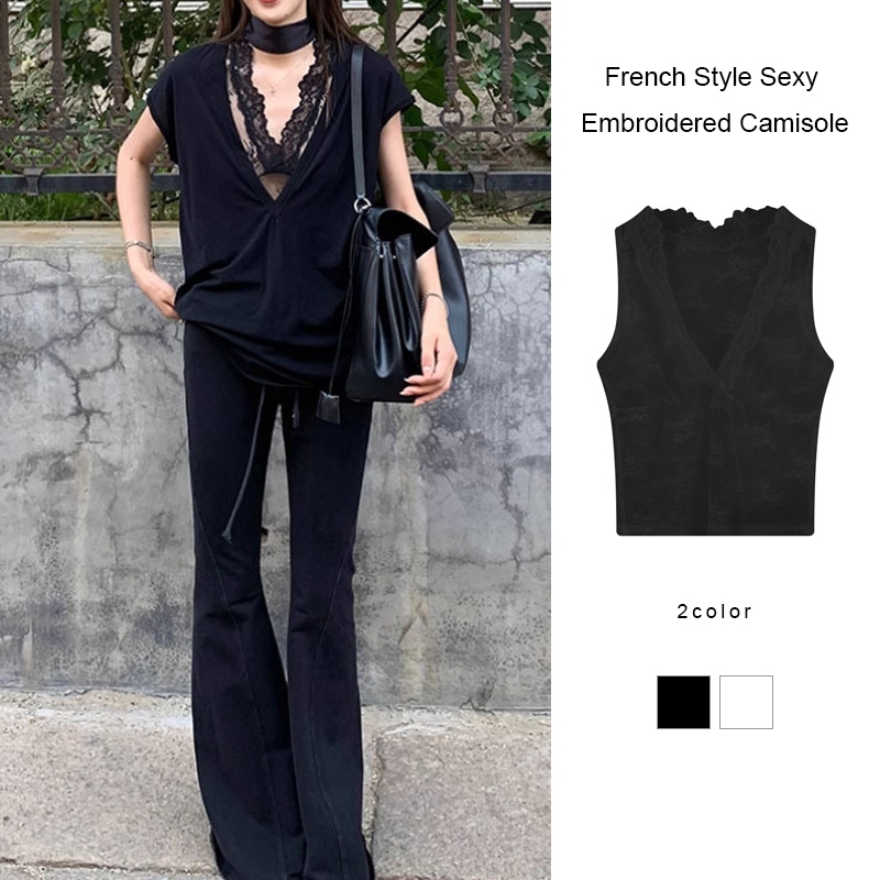 สไตล์ฝรั่งเศสเซ็กซี่ปัก Camisole ผู้หญิง Slim FITTING Bottoming เสื้อแขนกุดลูกไม้ด้านบน GA