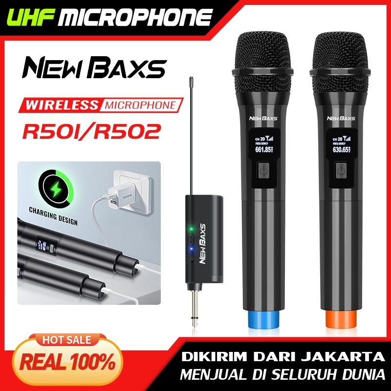 NEW BAXS [ต้นฉบับ] ไมโครโฟนไร้สาย R502 ไมโครโฟนแบบใช้มือถือ 2 ตัว ระยะรับ 50M UHF FM รอบการชาร์จโดยไม่มีการรบกวน KTV