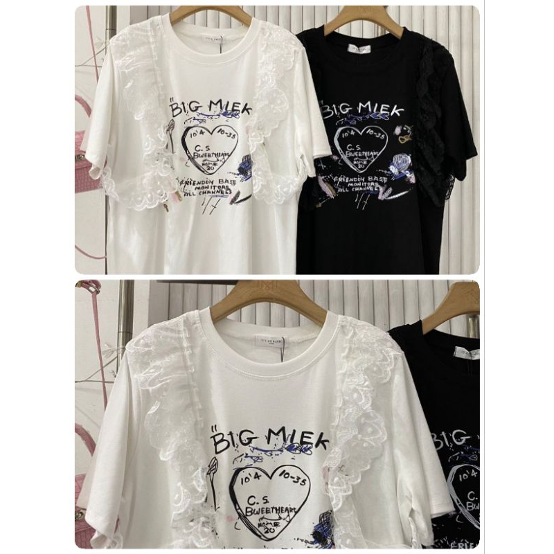 เสื้อยืดลายหัวใจ ไหล่เเต่งลูกไม้ ป้าย it's me basic