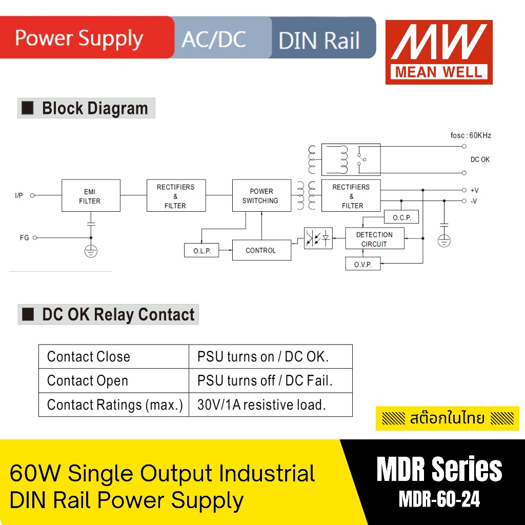 MEAN WELL | MDR-60-24 | 60W Single Output Industrial DIN Rail Power Supply | Output 24VDC 2.5A | สต๊อกในไทย