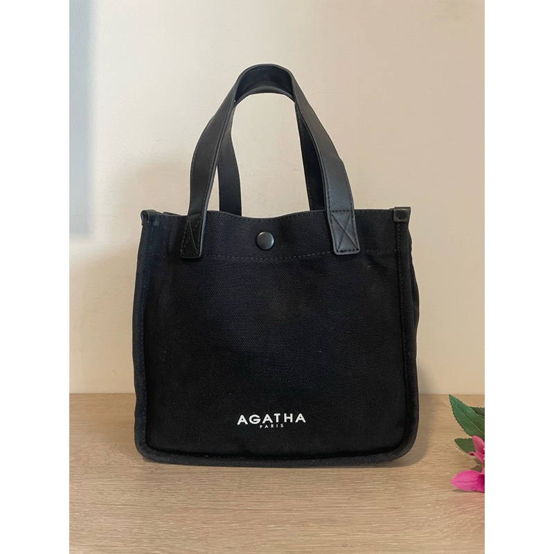 Agatha Paris แท้💯 Tote Bag ฐาน 9 นิ้ว ผ้าแคนวาส/หูจับหนังแท้ ภายในสะอาด มาพร้อมสายสะพายยาว