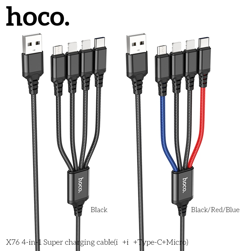 สายชาร์จ HOCO X76 สำหรับ iOS+iOS+Type-C+Micro สายเคเบิลไนล่อน 4in1 สามารถชาร์จ 4 เครื่องพร้อมกัน