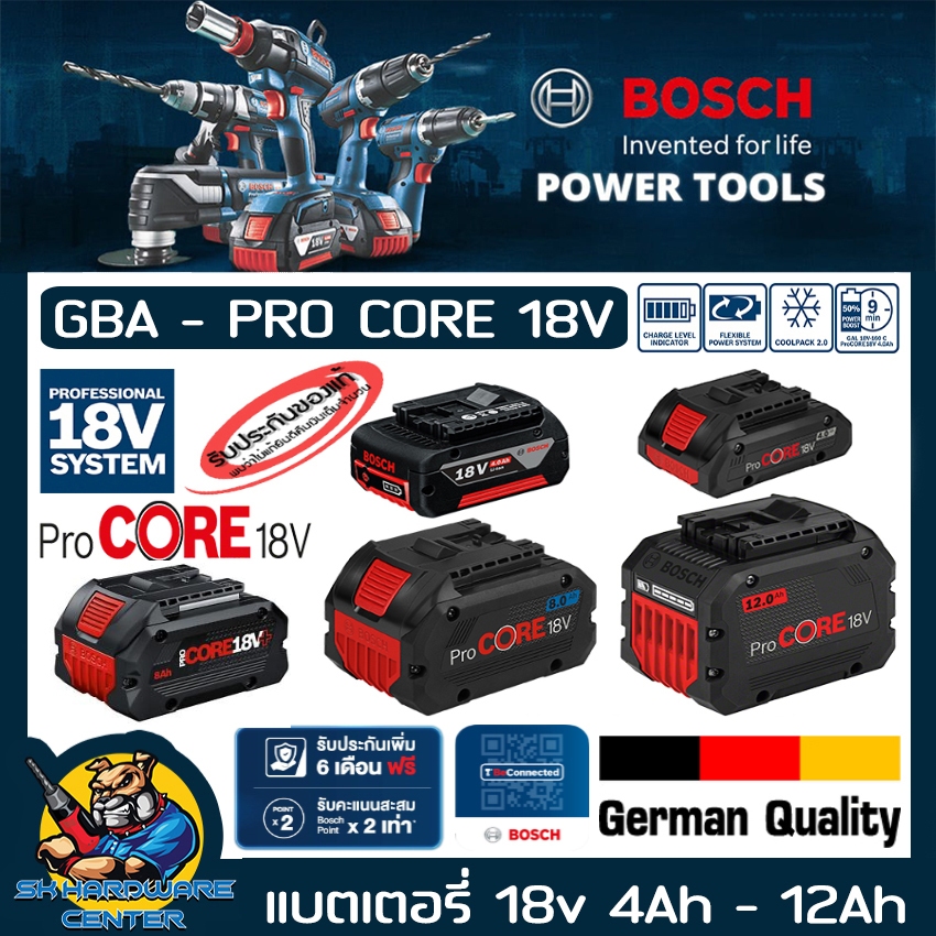 BOSCH แบตเตอรี่ PROCORE+ 18v มีให้เลือก 4รุ่น มีขนาดตั้งแต่ 4ah - 12ah น้ำหนักเบา กำลังแรง (รับประกัน 1ปี)