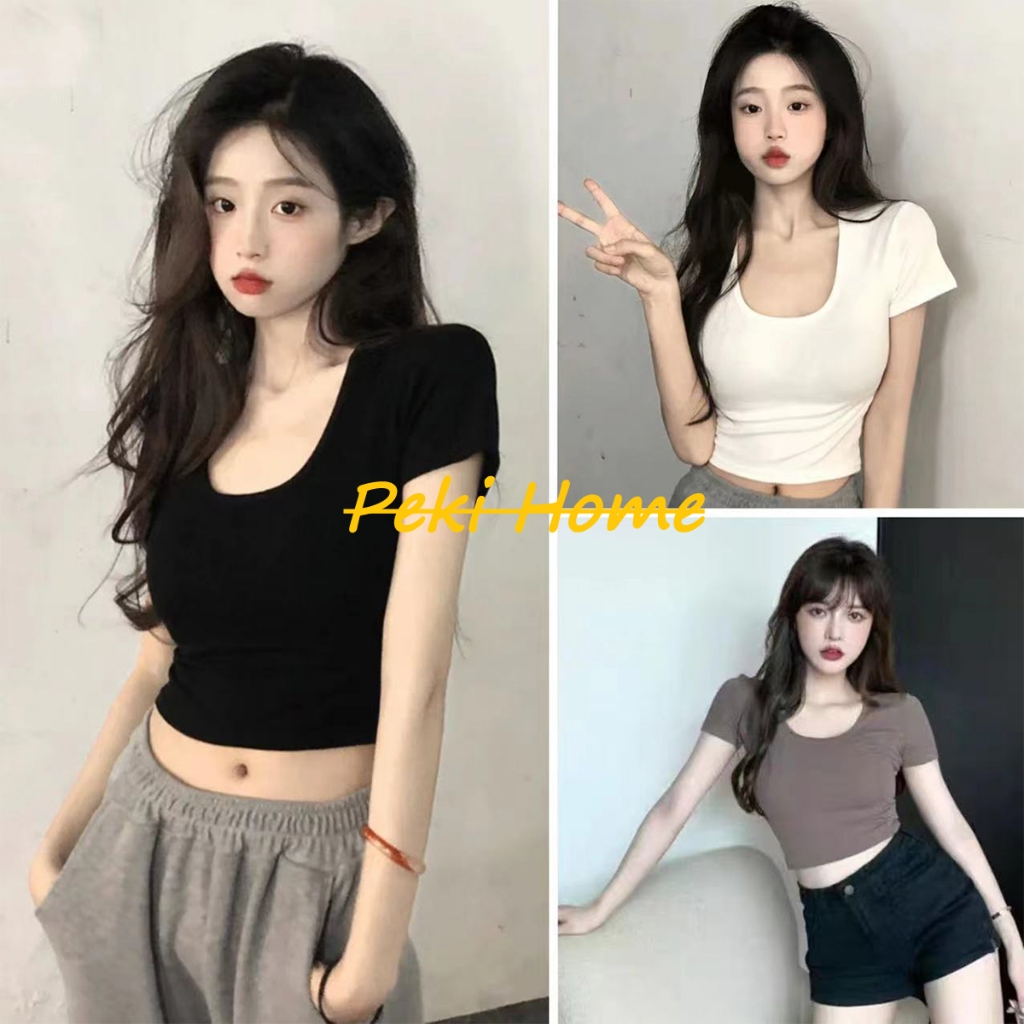 เสื้อยืดคอวีสีขาว ผู้หญิง แขนสั้น ตัวเสื้อรัดรูป เหมาะสำหรับใส่เป็นชั้นใน