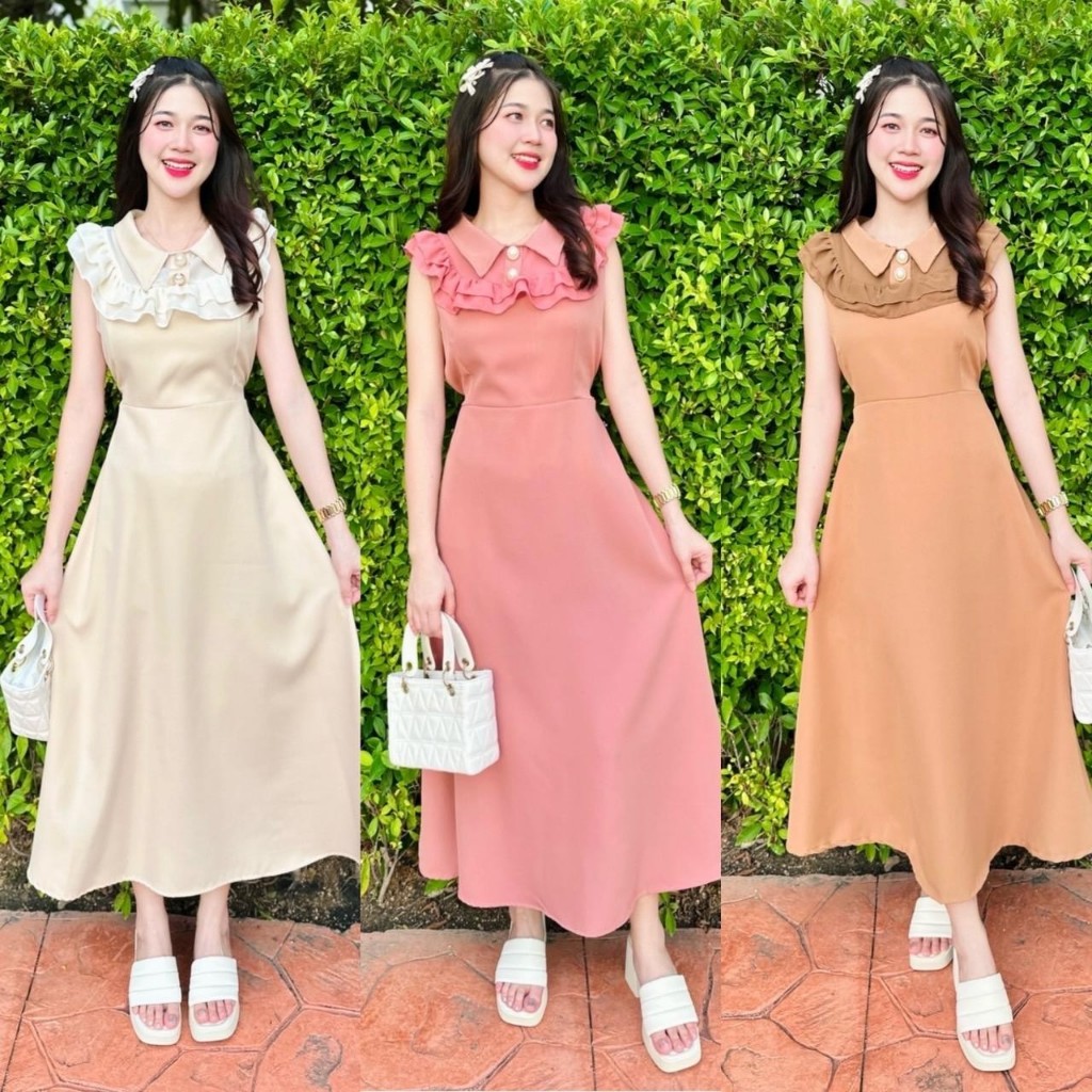 RADA STYLE T129 งานเดรสยาว ใส่ออกงาน สวยหรู ดูแพง ผ้าโพลีเอสเตอร์ แต่งระบาย กระดุมมุก ซิปหลังพร้อมเชือกผูกเอว