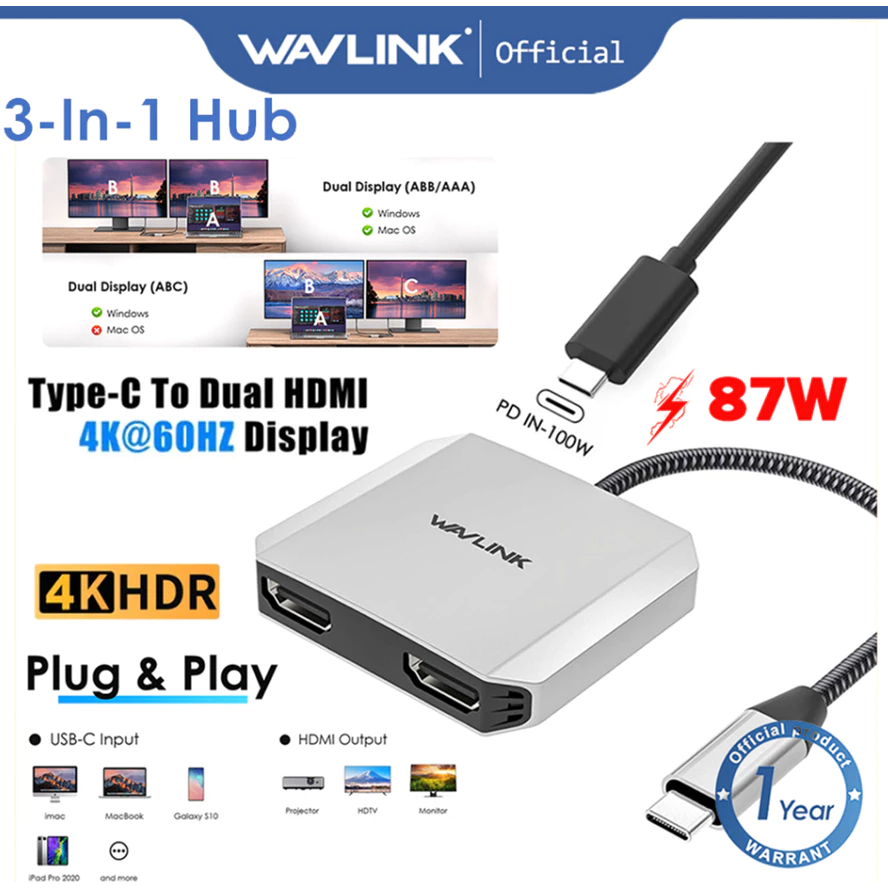 Wavlink WL-UHP510 Pro อะแดปเตอร์ USB-C เป็น Dual 4k HDMI MST Thunderbolt พร้อมจอแสดงผล PD 87W สําหรับ Windows M OS Linux