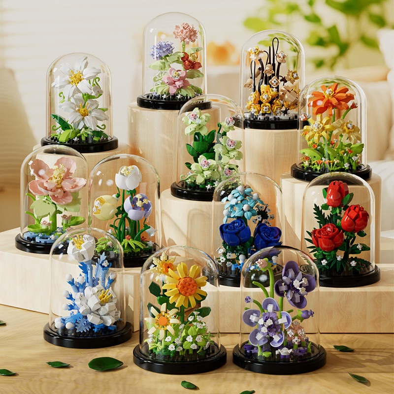 ตัวต่อดอกไม้ DIY บล็อกตัวต่อดอกไม้ ตัวต่อ ดอกไม้ DIY ดอกทานตะวัน พร้อมฝาครอบ ทิวลิป ดอกลิลลี่สีขาว ดอกคาร์เนชั่น