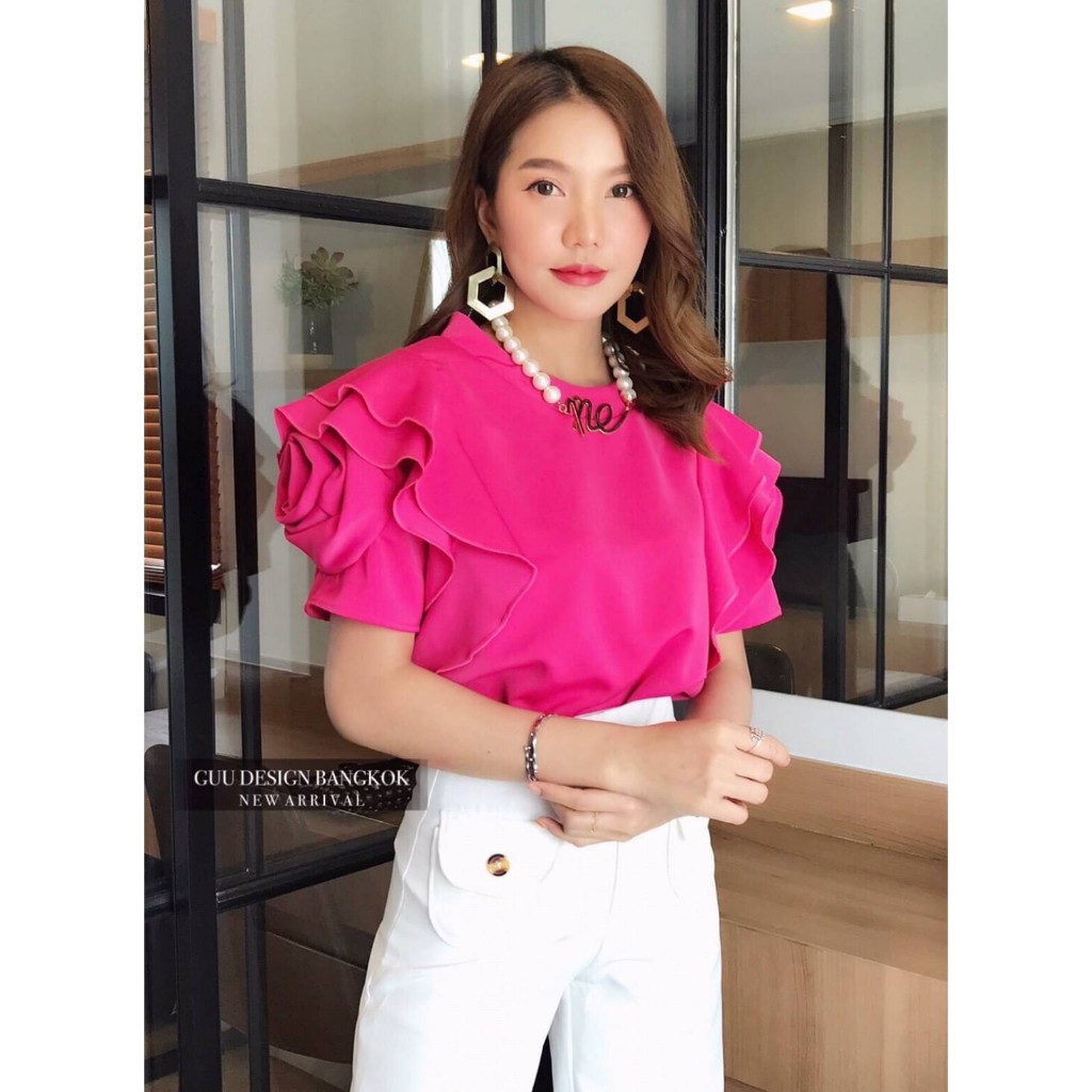 เสื้อ B03 เสื้อแขนกุหลาบ เสื้อผ้าผู้หญิง แฟชั่นสาวอวบ เสื้อออกงาน ไชด์ 32-48" เสื้อแขนกุหลาบสาวอวบ