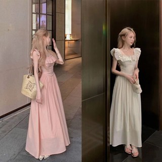 ชุดเดรส เดรสยาวชีฟอง เดรสชมพูลายผีเสื้อ ชุดเดรสผู้หญิง ชุดเด…