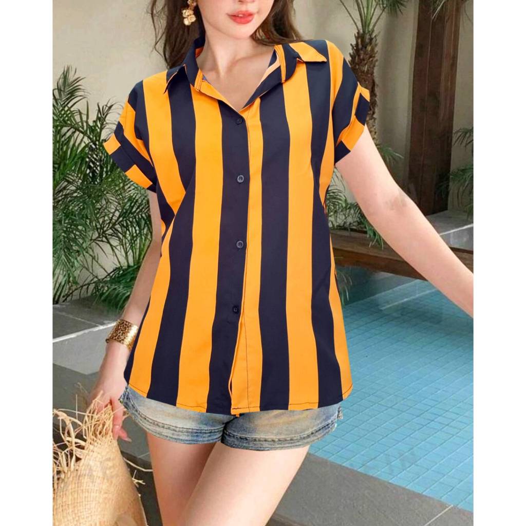 เสื้อเชิ้ตผู้หญิง SANO ผ่าหน้ า เสื้อฮาวายสไตลเกาหลี Hawaii shirt ผ้าไหมอิตาลี เสื้อเชิ้ตแฟชั่นผู้หญิง เสื้อเชิ้ตแขนเบิล