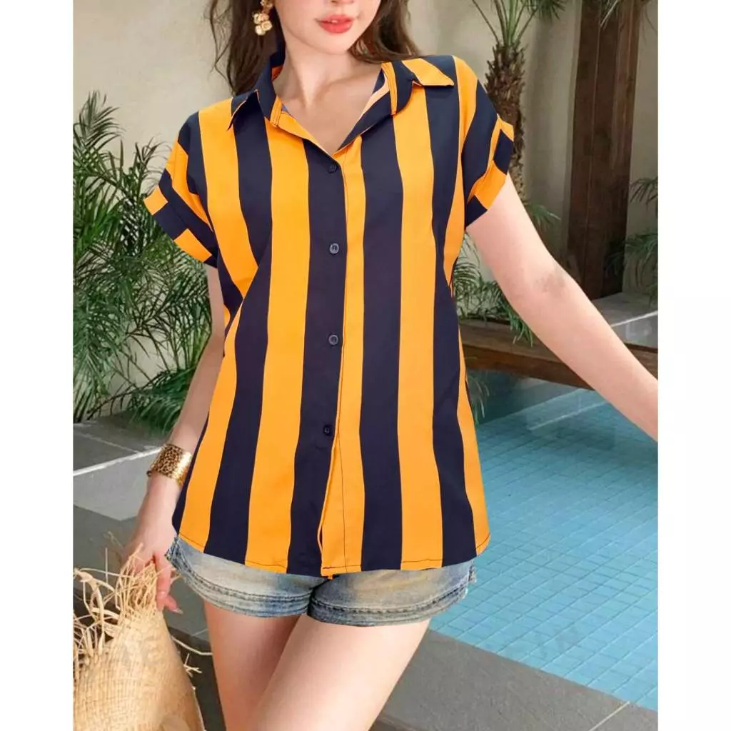 เสื้อเชิ้ตผู้หญิง SANO ผ่าหน้ า เสื้อฮาวายสไตลเกาหลี Hawaii shirt ผ้าไหมอิตาลี เสื้อเชิ้ตแฟชั่นผู้หญิง เสื้อเชิ้ตแขนเบิล