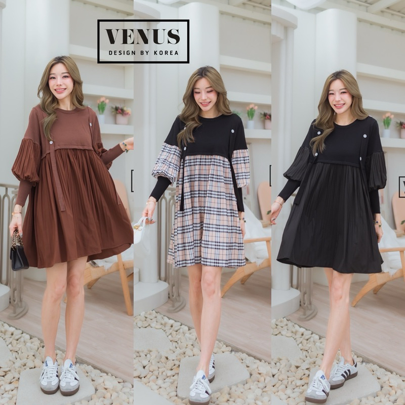 Knit Patch Pleat Plain&Scott Balloon Long Sleeve Dress