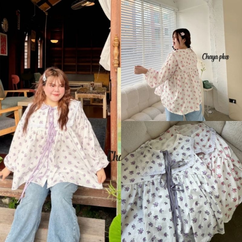 เสื้อเชิ้ตคอปกทางโอเวอร์ไซส์ แต่งลูกไม้หวานๆ อก40-52" ลายดอกกุหลาบ สาวอวบอ้วน Bigsize/Plussize/Chubby