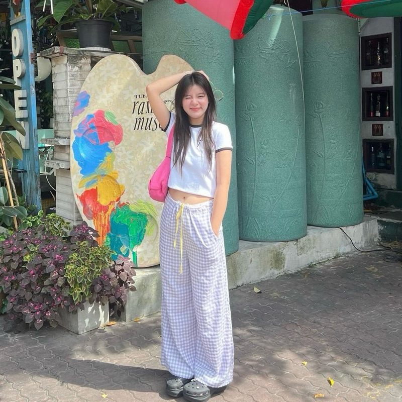 [SHOPEE VDO ลดเหลือตัวละ 167฿ ส่งฟรี ] PURPLE PANTS กางเกงขายาวทรงกระบอกใหญ่ติดลูกไม้ขอบเอว ผ้าคอตตอน นิ่มมากกก