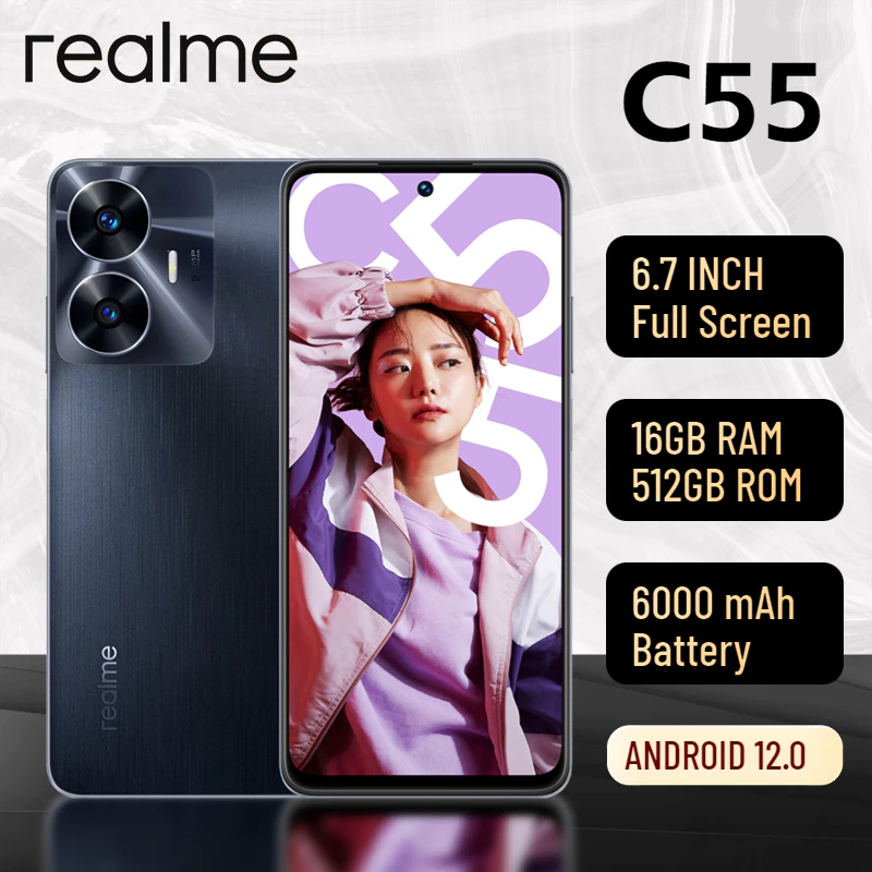 [NEW] 2024 Realme C55 โทรศัพท์มือถือเดิม 6.7 นิ้วHDโทรศัพท์Androidโทรศัพท์มือถือสมาร์ทโฟนใหม่ 100% 16GB + 512GB