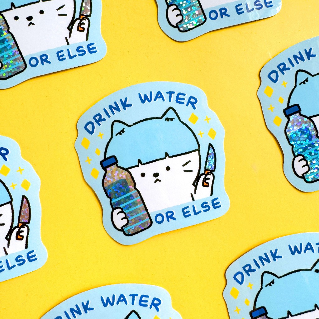 Drink Water Cat Glitter Sticker สติกเกอร์กลิตเตอร์ ลายน้องแมว | Jormation