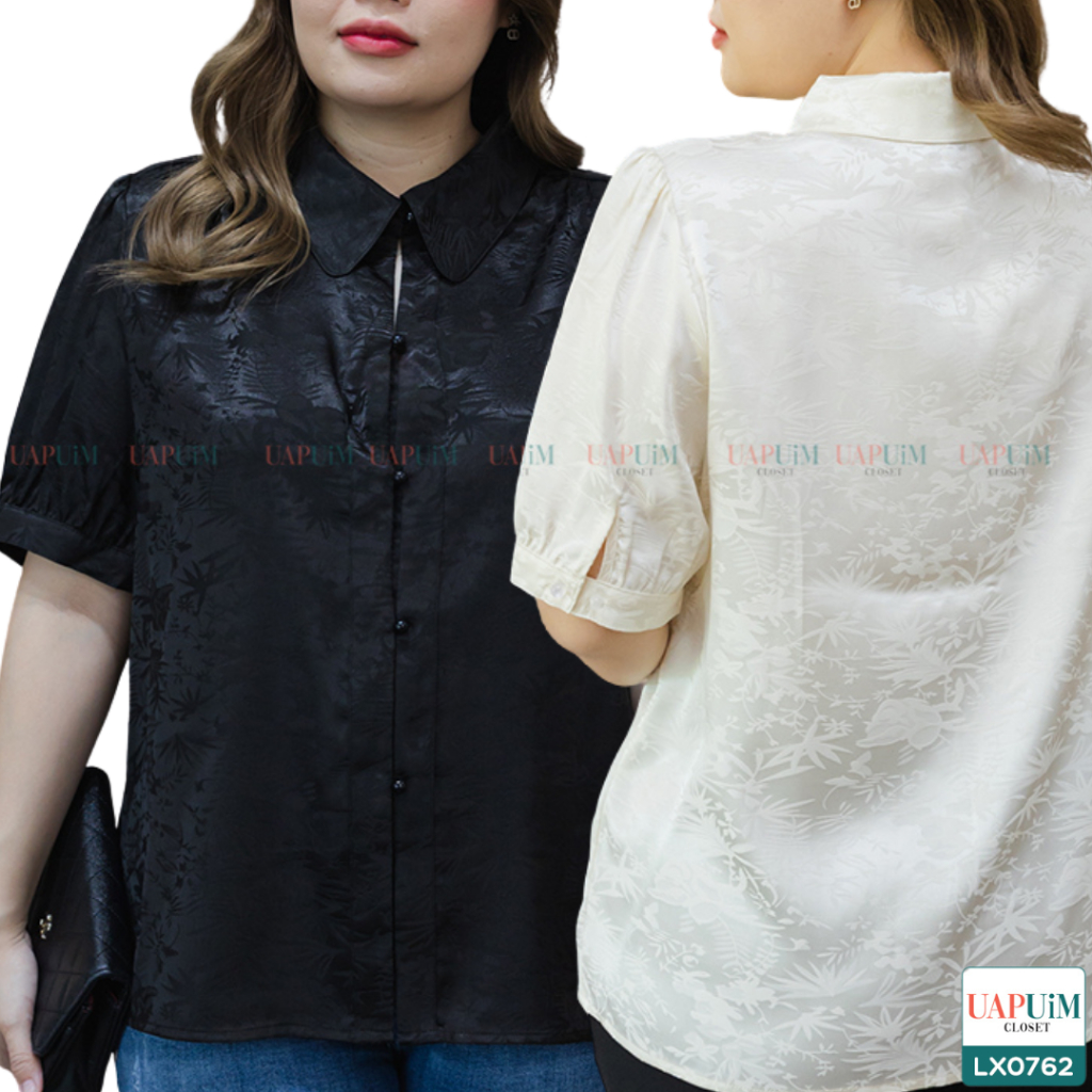 (LX0762)เสื้อแขนสั้นสาวอวบเสื้อเชิ้ตแขนสั้น ดีไซน์เรียบหรู ติดกระดุมช่วงปลายแขน 1 เม็ด