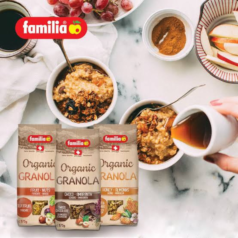 familia organic granola 375 g. 3รสชาติ ฟรุ๊ต&นัท/ ช็อกโกแลต/ ฮันนี่ อัลมอนด์🇨🇭