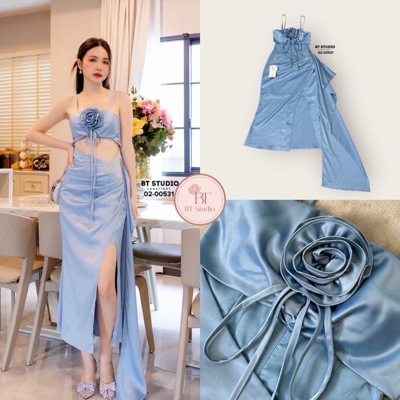 เดรสยาวสีฟ้า เดรสสายเดี่ยว : 02-00531 ชุดธีมสีฟ้า ชุดไปงานแต่ง งานป้ายBT