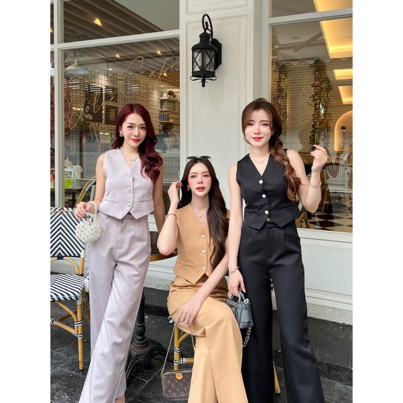 [LISA] A0560 ชุดเซตเสื้อกั๊กคอวีแขนกุดกระดุมไข่มุกกางเกงขายาวกระเป๋าข้าง ทรงสวยลุคคุณหนูดูแพงใส่เที่ยว คาเฟ่ ทำงาน