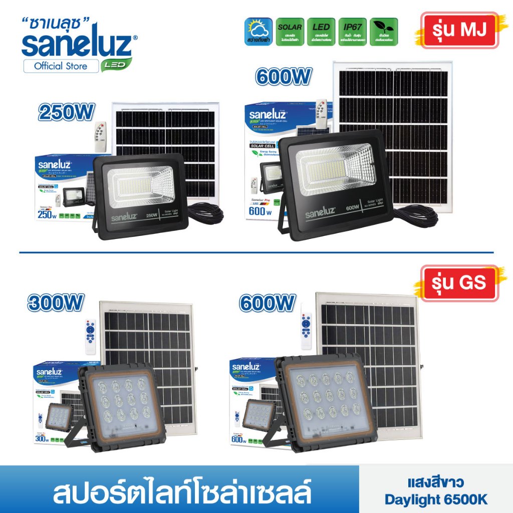 Saneluz โคมไฟสปอตไลท์โซล่าเซลล์ 50W 100W 120W 200W 250W 300W 600W แสงสีขาว เปิด-ปิด เองอัตโนมัติ Sol