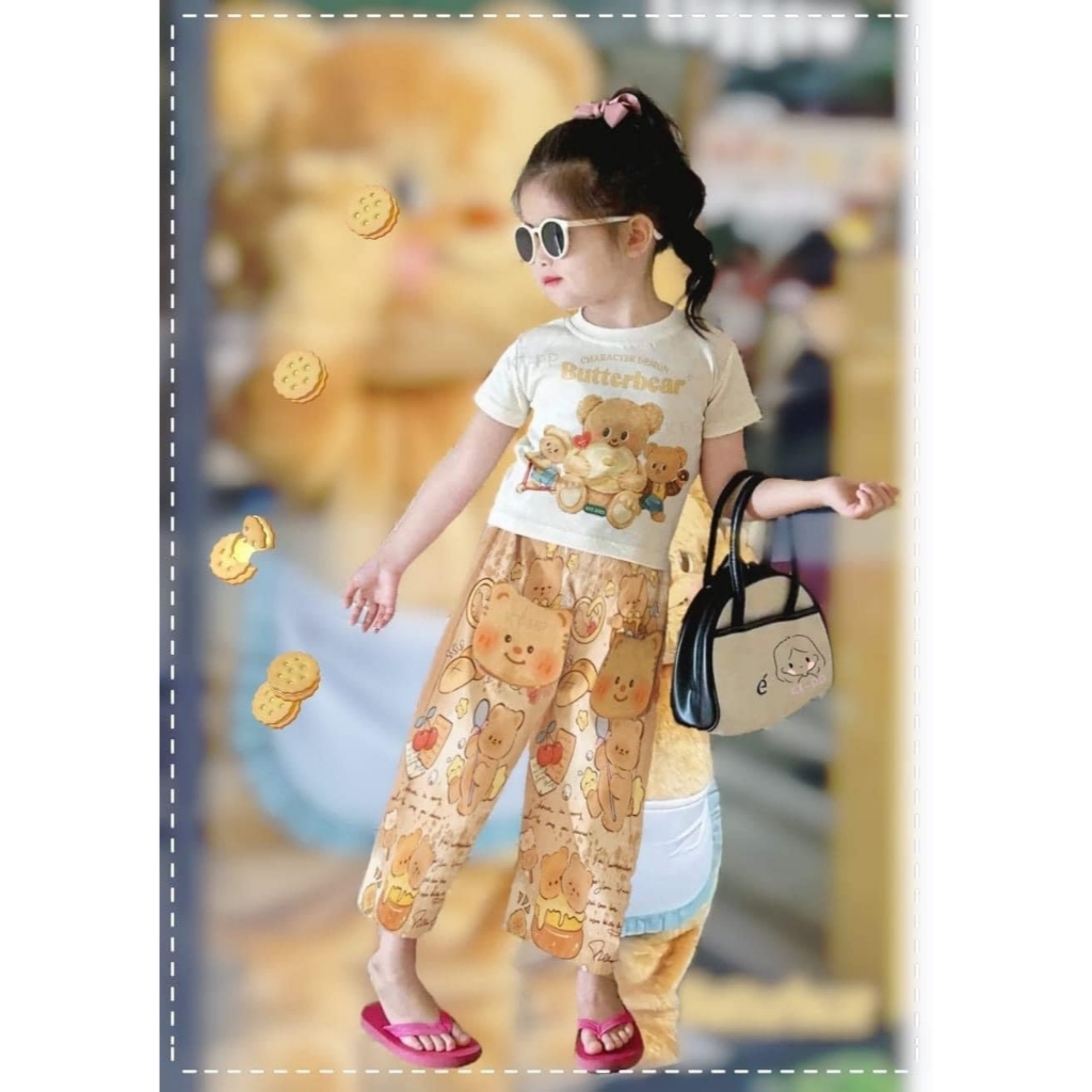 **พร้อมส่ง** ชุดเซทเสื้อกางเกงลายหมีเนย ให้ลูกสาวใส่น่ารักมากๆ จ้าแม่ เสื้อผ้าไหมนม กางเกงผ้าเกล็ดปลา ขนาด : 100 - 150